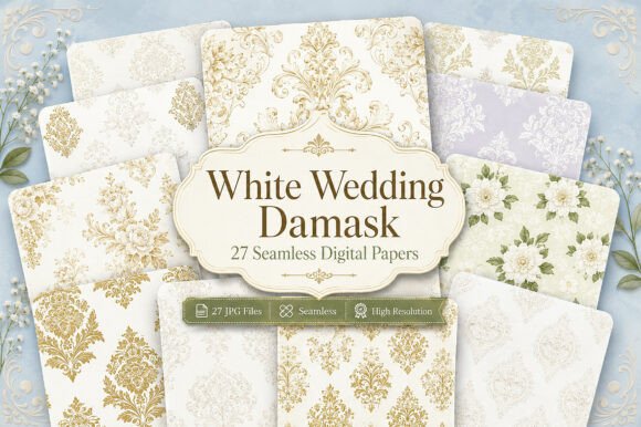 Download White Wedding Damask Digital Paper Bundl - Premium Bundle