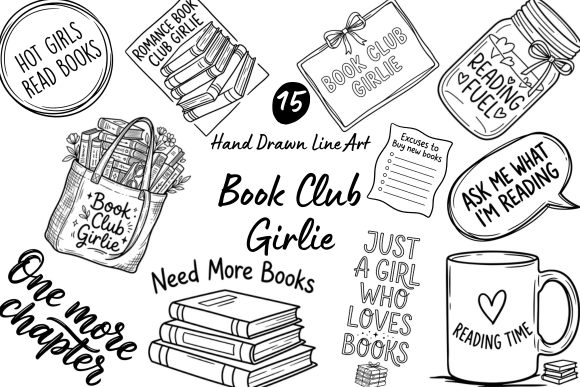 Download Book Club Girlie Hand Drawn Line Art - Hand drawn Collection