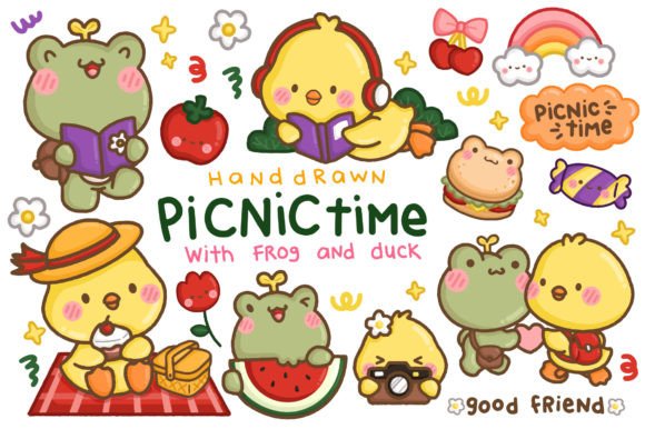 Download Hand Drawn Frog and Duck Picnic Clipart - Hand drawn Collection